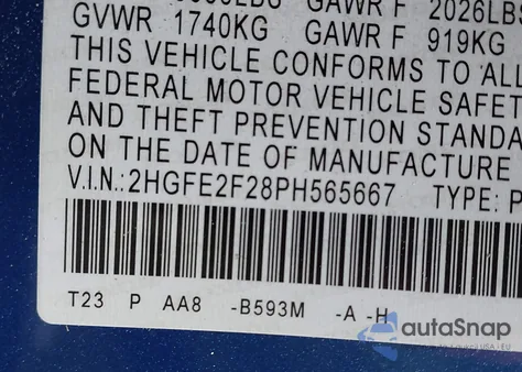 2023 Honda Civic Lx z USA, uszkodzony, nr VIN 2HGFE2F28PH565667